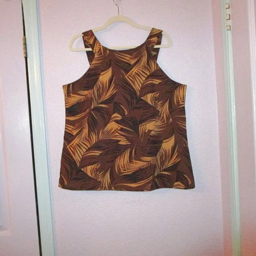 Coconut Moon Exotic Palms Sleeveless Top Size L Tunic Linen Cotton Brown NEW